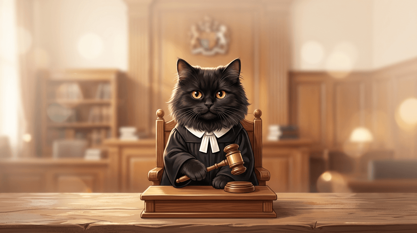 MeowJudge mascot: a black long-haired cat in judge robes holding a gavel